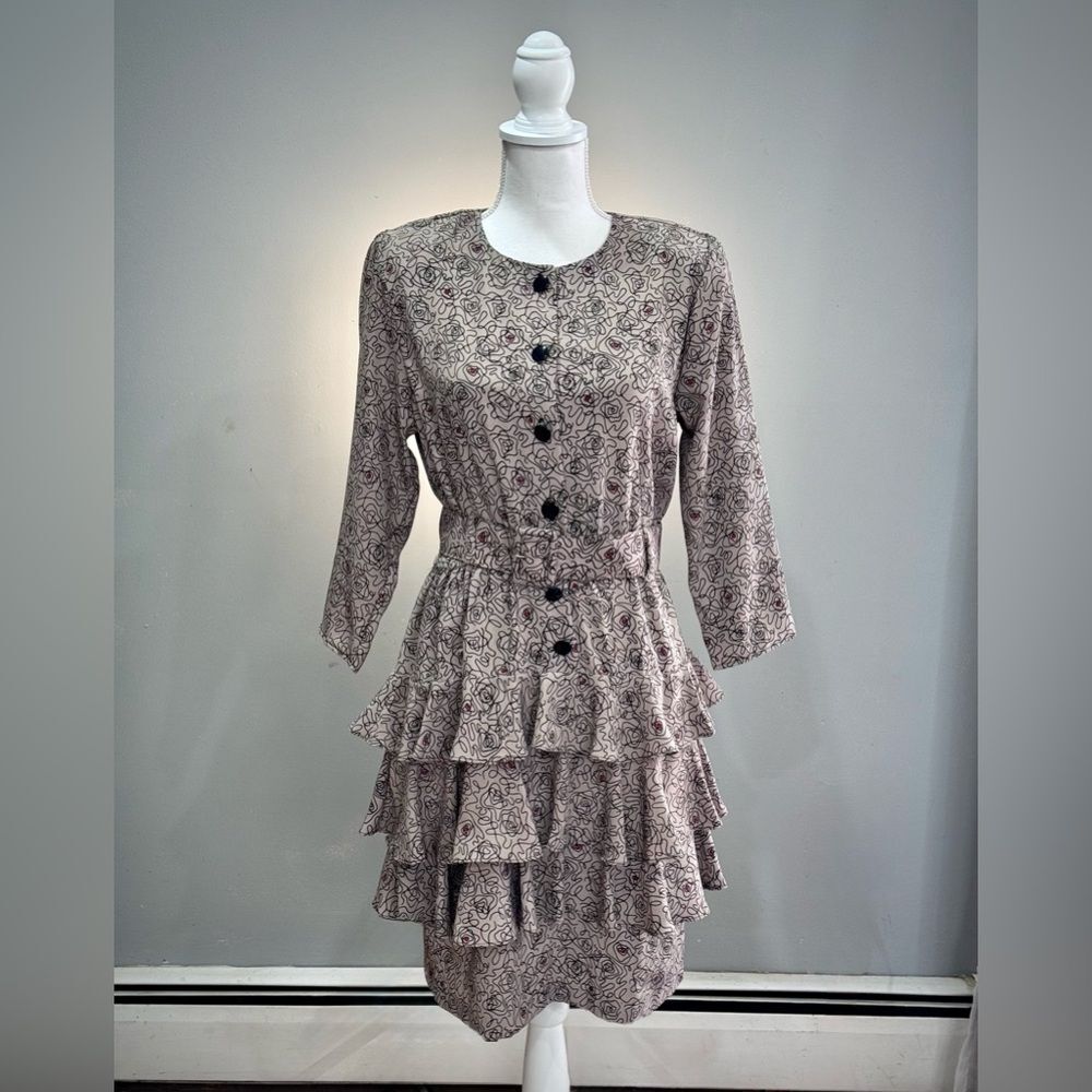 Brown Vintage Belted Tiered Patterned Dress Size 10P EUC